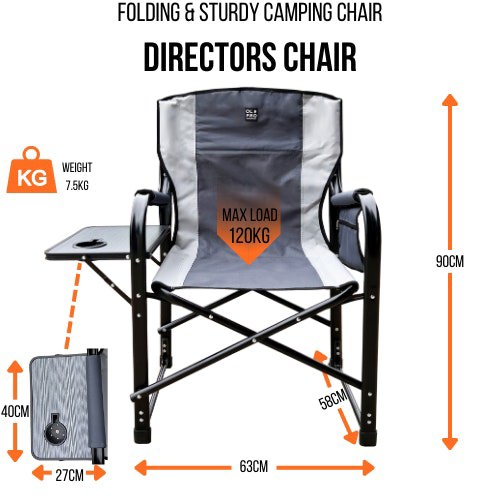 An infographic of the OLPRO Directors Camping Chair in grey depicting the dimensions of the chair and the weight capacity.