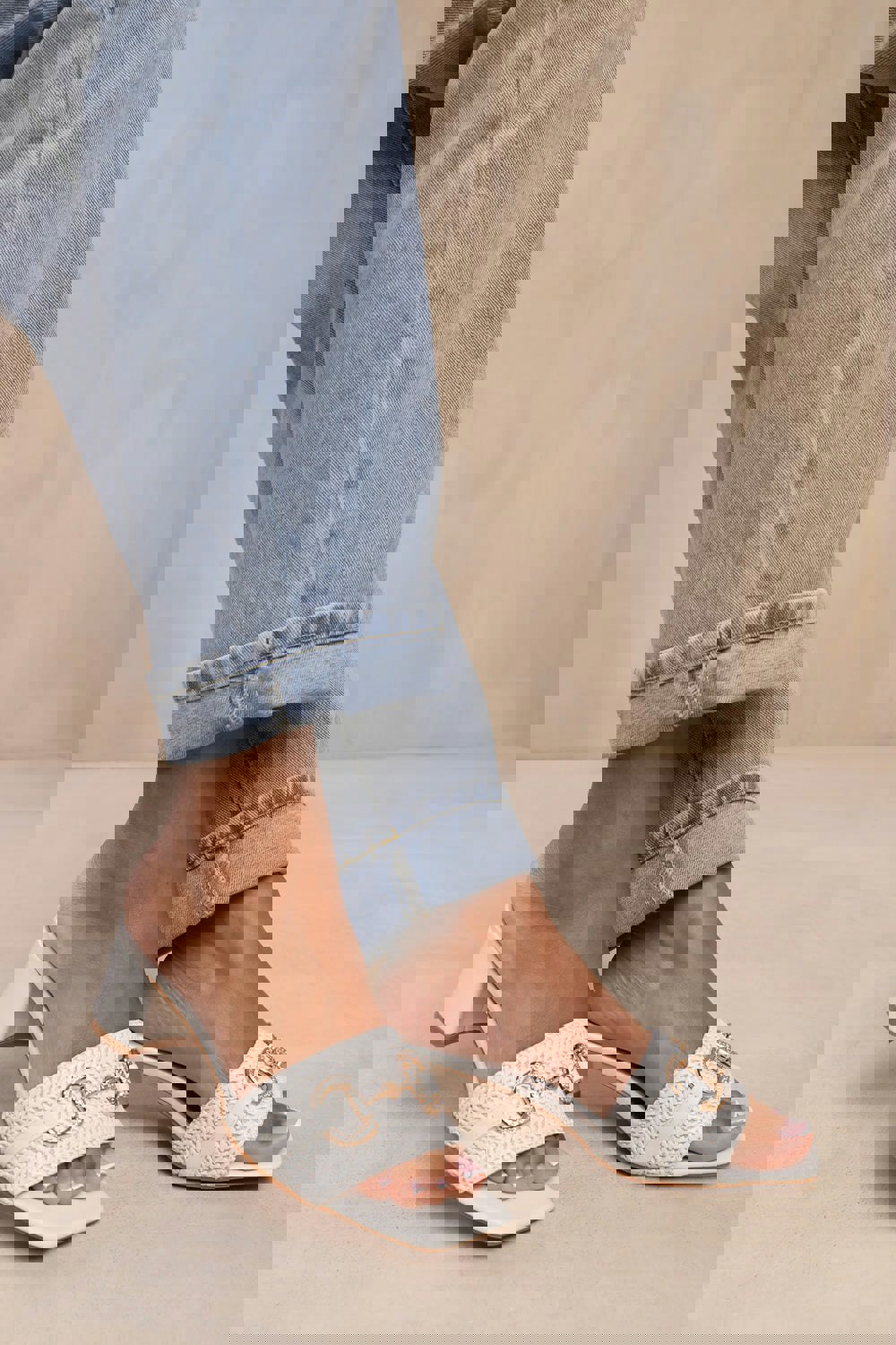 Where's That From Rhodes Low Block Mules With Buckle Detail in White