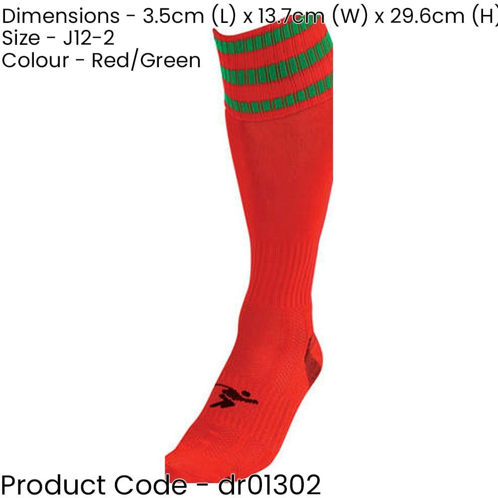 JUNIOR Size 12-2 Pro 3 Stripe Football Socks - RED/GREEN - Contoured Ankle