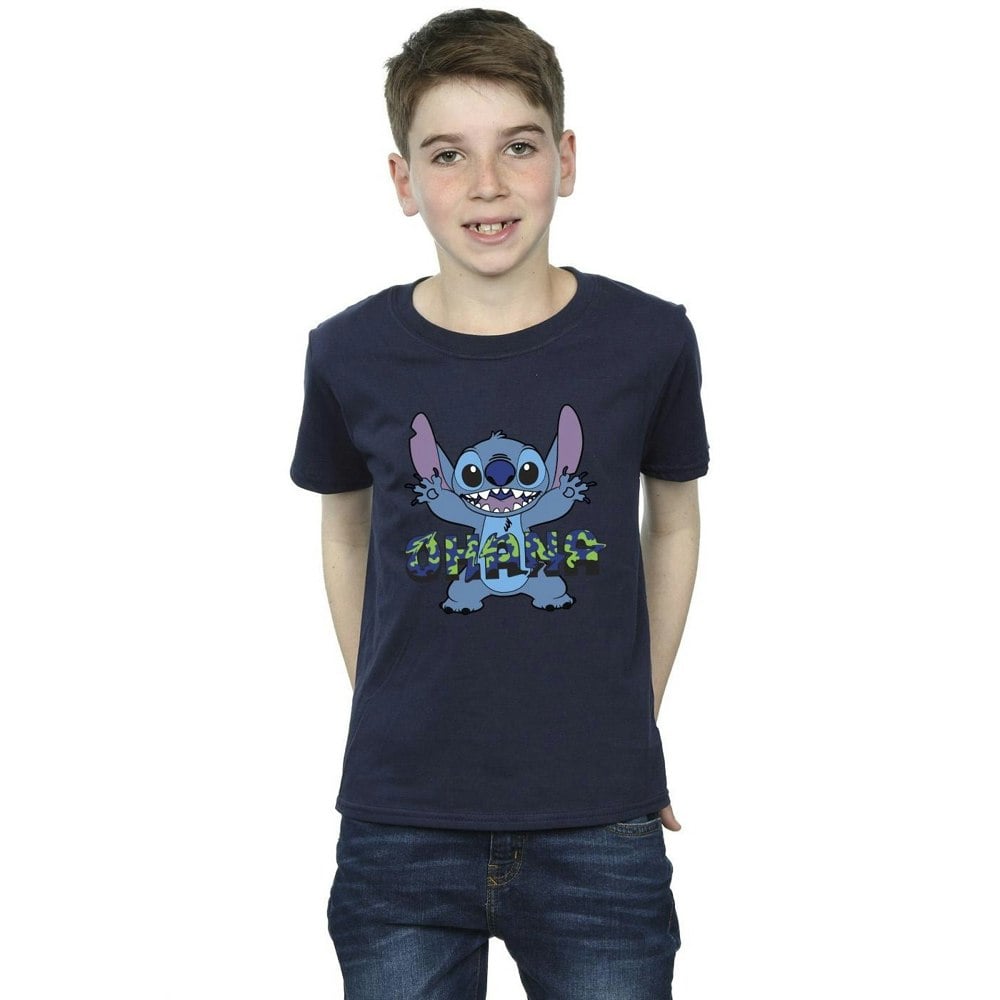 Disney Boys Lilo And Stitch Ohana Blue Glitch T-Shirt - Navy Blue