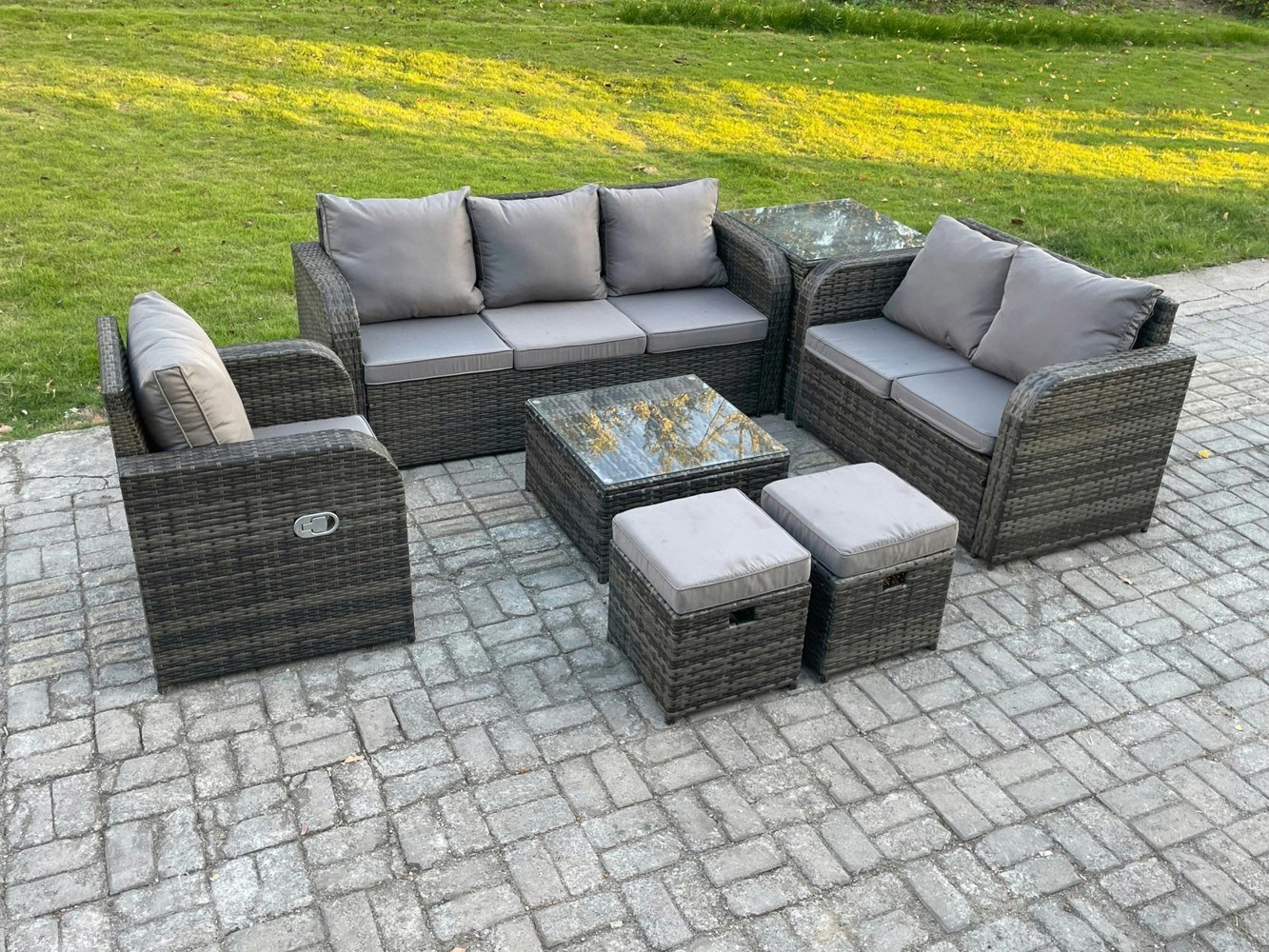 Fimous Rattan Garden Furniture 7 Piece Patio Set With Table Sofa Square Coffee Table Reclining Chair Love seat sofa Side Table 2 Small Footstools