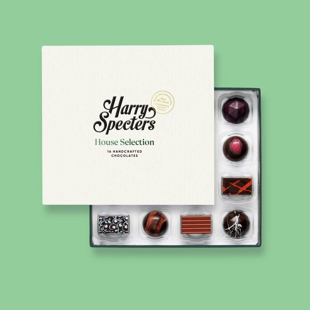 A box of 16 artisan vegan chocolates by Harry Specters  partially covered by a box lid 