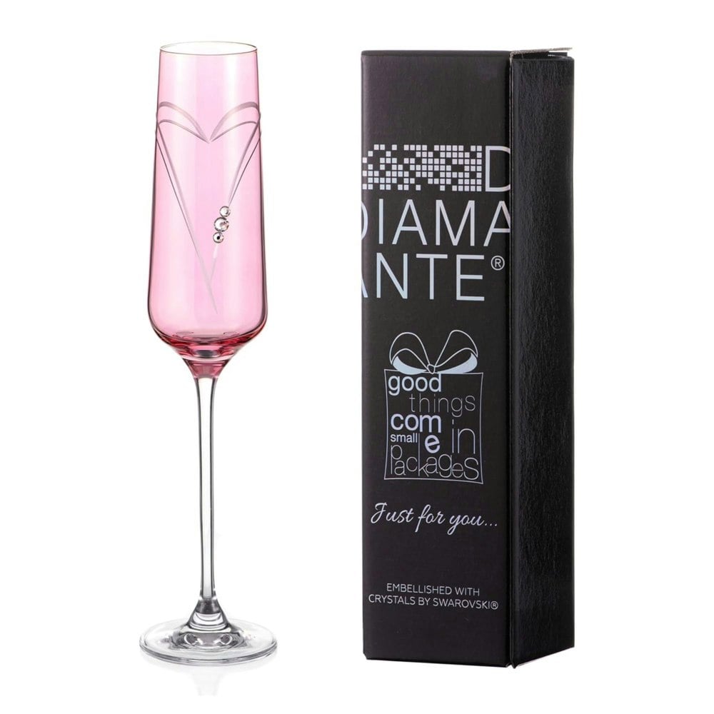 Diamante Pink Hearts Champagne Flute with Swarovski Crystals - Single Glass