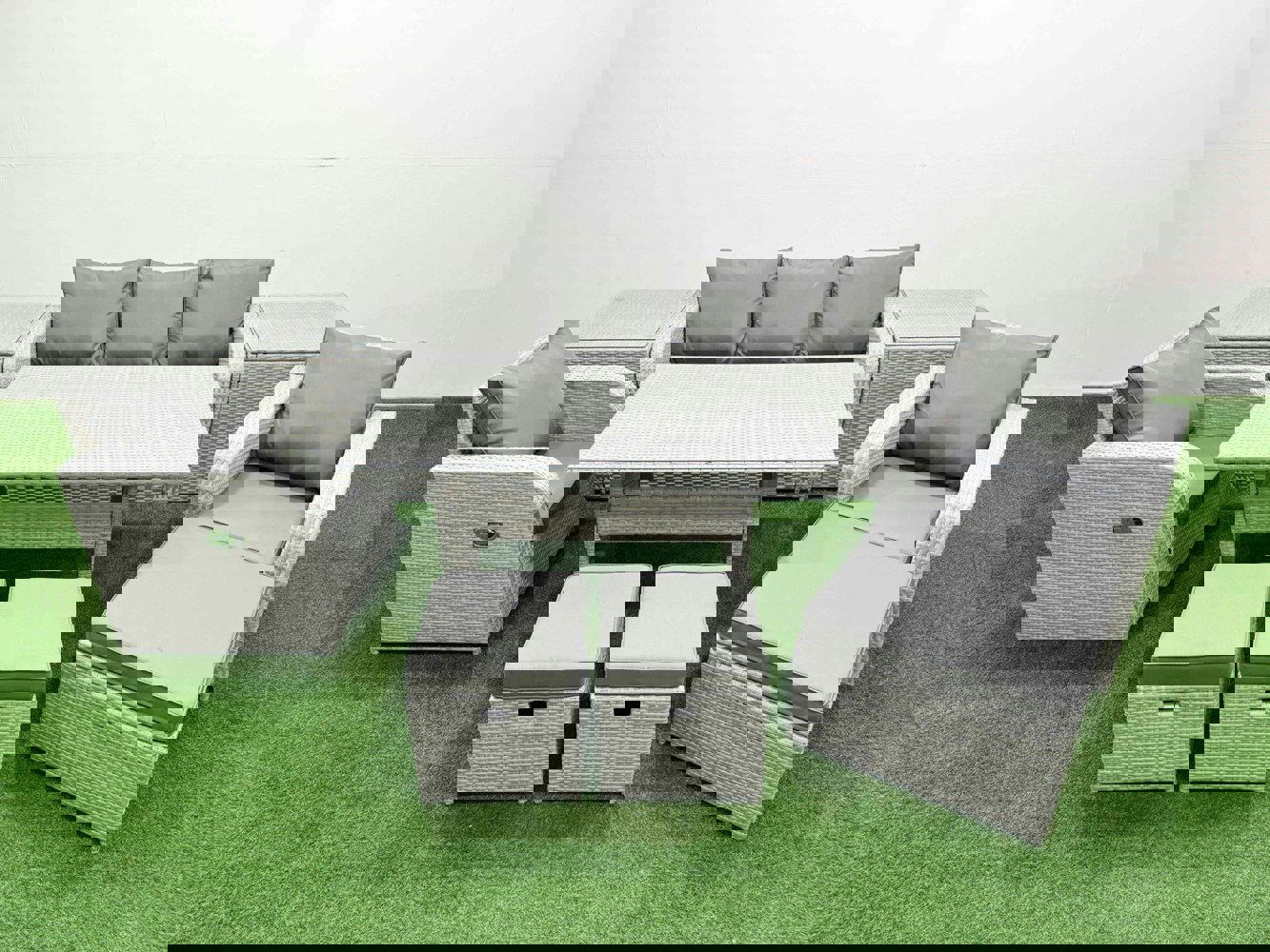 Fimous PE Rattan Garden Furniture Set Reclining Chair Sofa Lounge Sofa Set Rectangular Dining Table 2 Side Table 3 Stools Light Grey