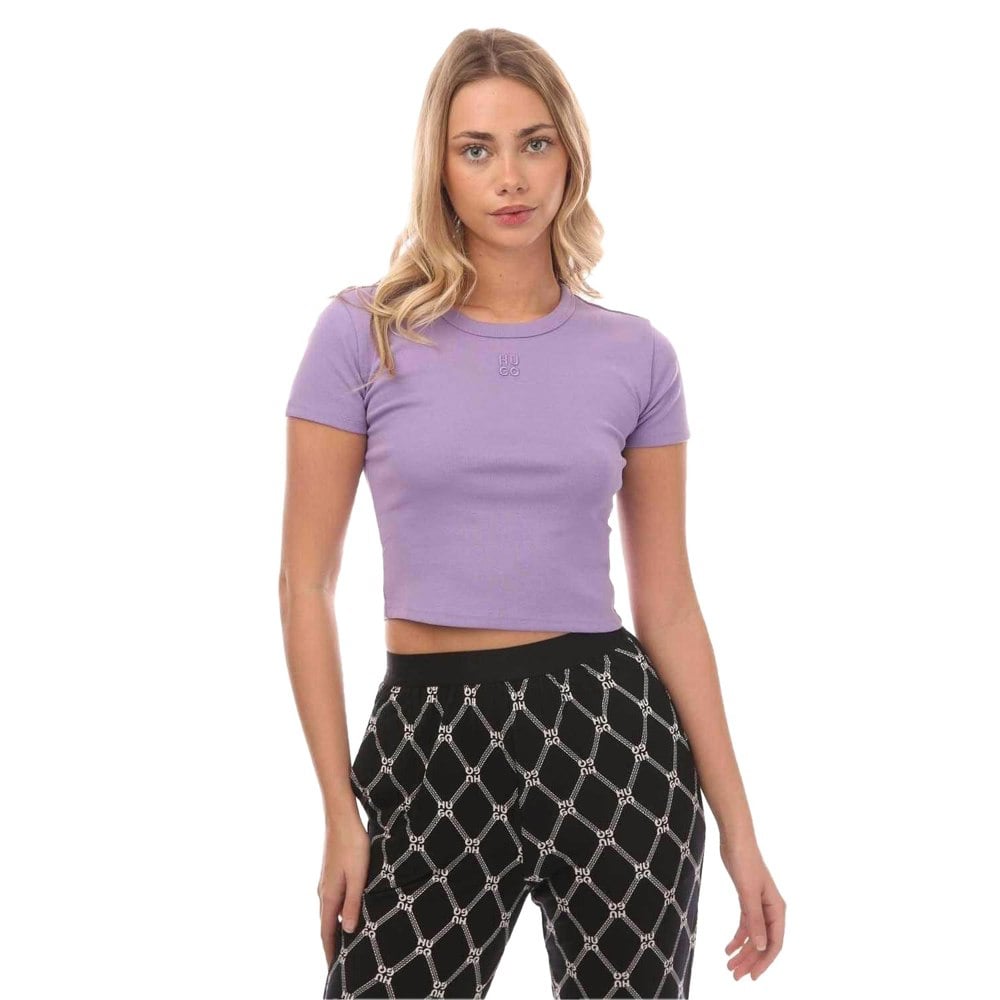 Hugo Womens/Ladies Stacked Logo Slim Crop T-Shirt - Purple