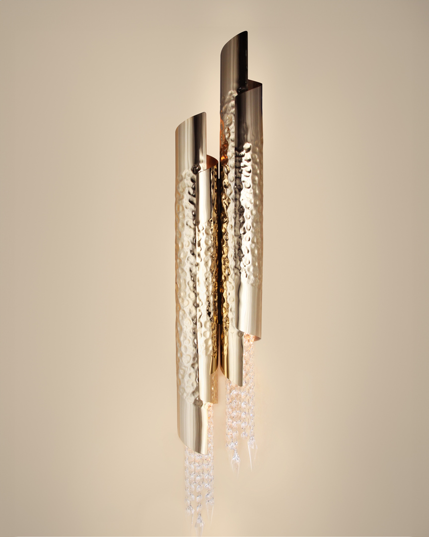 Castro Lighting Penthouse Asfour Crystal Hammered Brass Wall Light