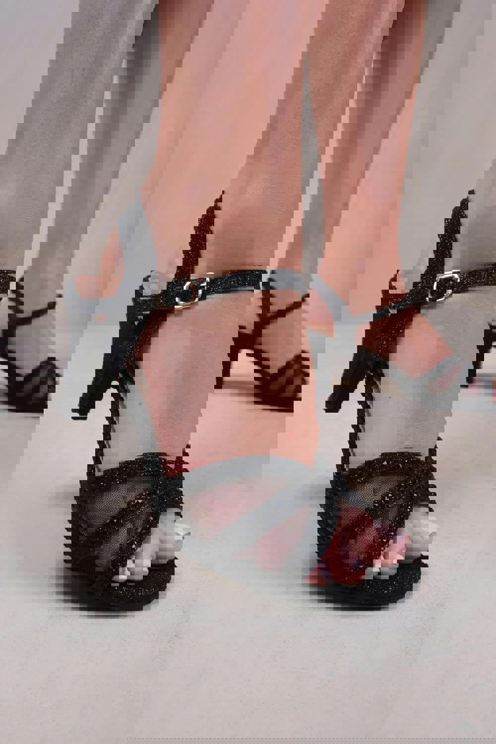 Where's That From Jillian Wide Fit Diamante Mesh Strappy Heel in Black Glitter