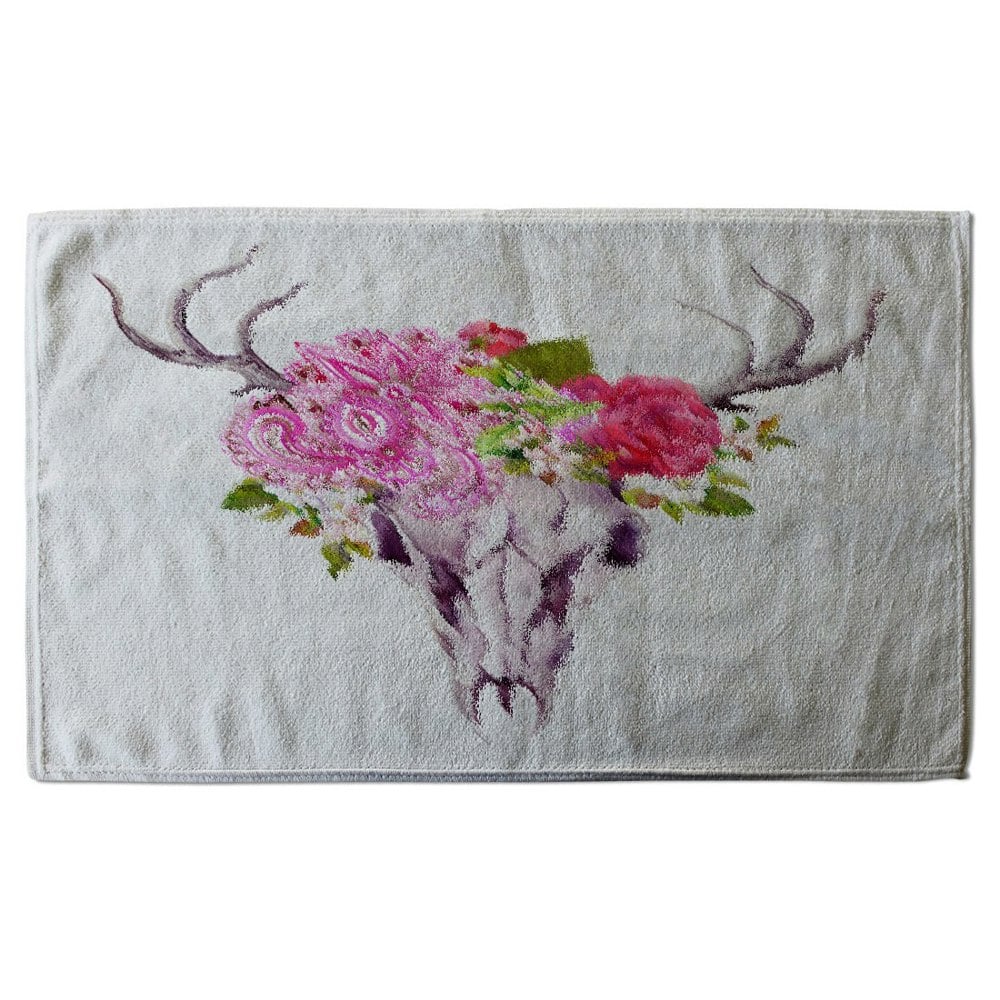 Benjamin Tate Design Deer animal skull with flowers and feathers (Bath Towel)