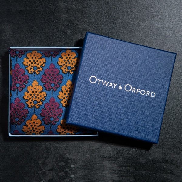 Leaf design silk pocket square in blue, burgundy & gold by Otway & Orford