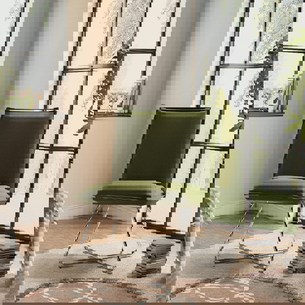 Modern Linen Accent Chair with Chrome Crossed Frame Cocktail Chairs Living and Home Green