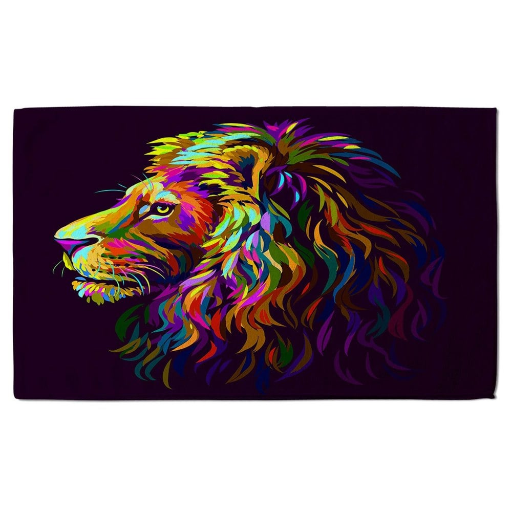 Benjamin Tate Design Abstract, multicolored profile portrait of a lion's head on a purple background in popart style (Bath Towel)