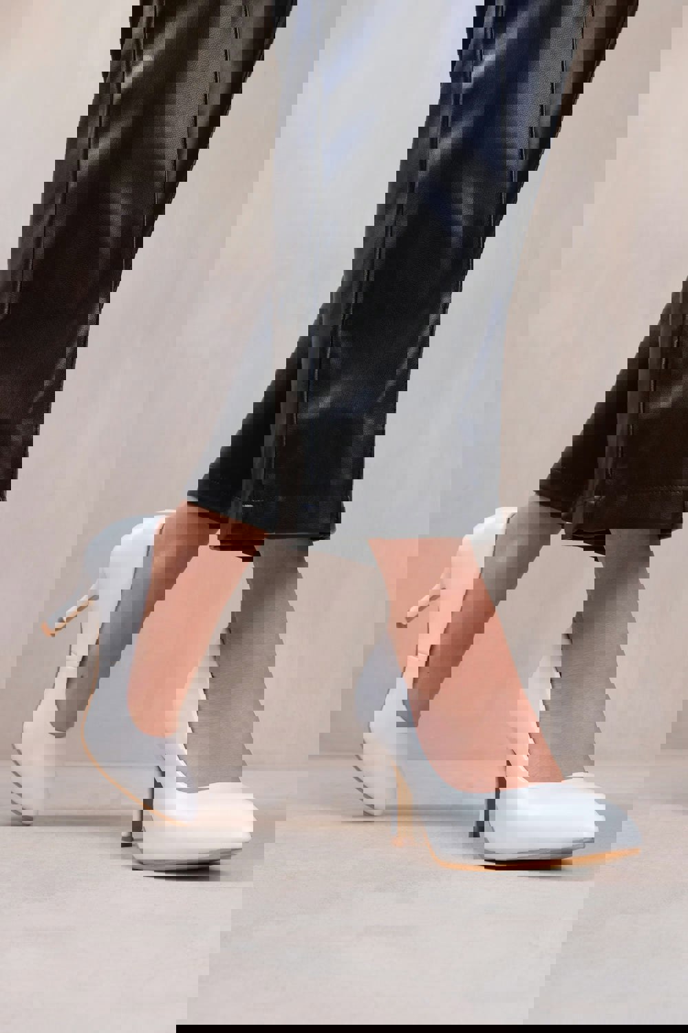 Where's That From Paola Mid High Heel Court Pump Shoes With Pointed Toe in White Faux Leather