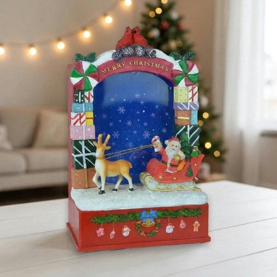 Garden Greatness Santa Sleigh and Reindeer Snowing Display Frame