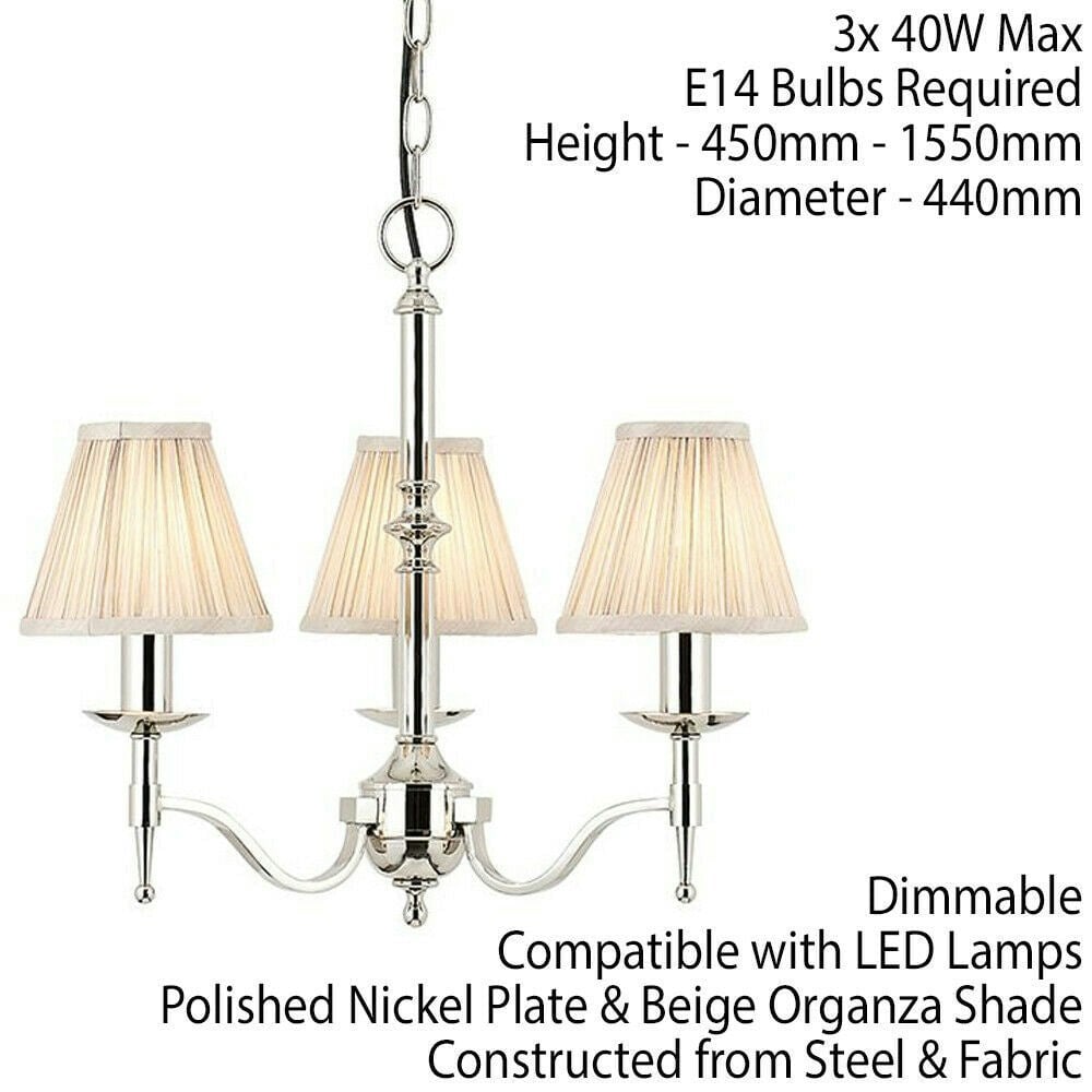 Avery Ceiling Pendant Chandelier Light 3 Lamp Bright Nickel & Beige Pleat Shade Loops