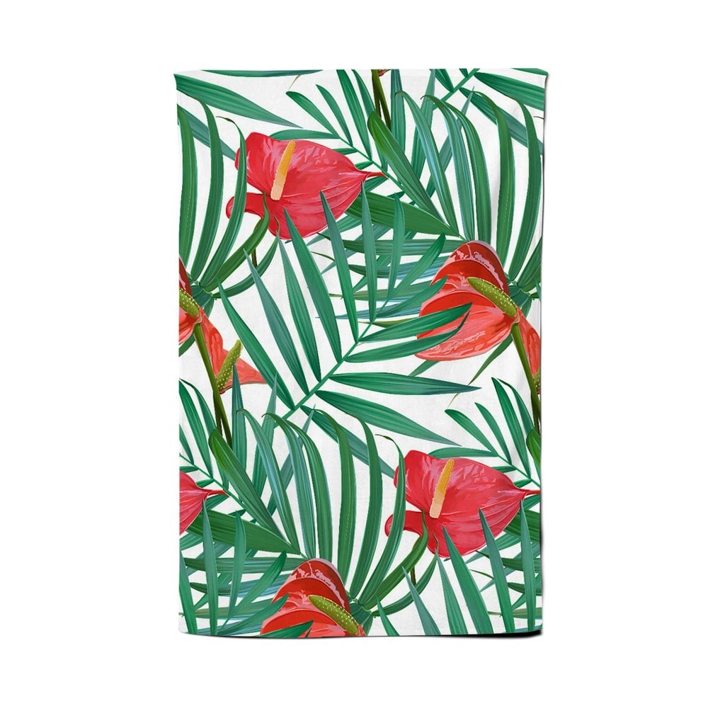 Warren Reed Tropical Flowers And Palm Leaves Tea Towel