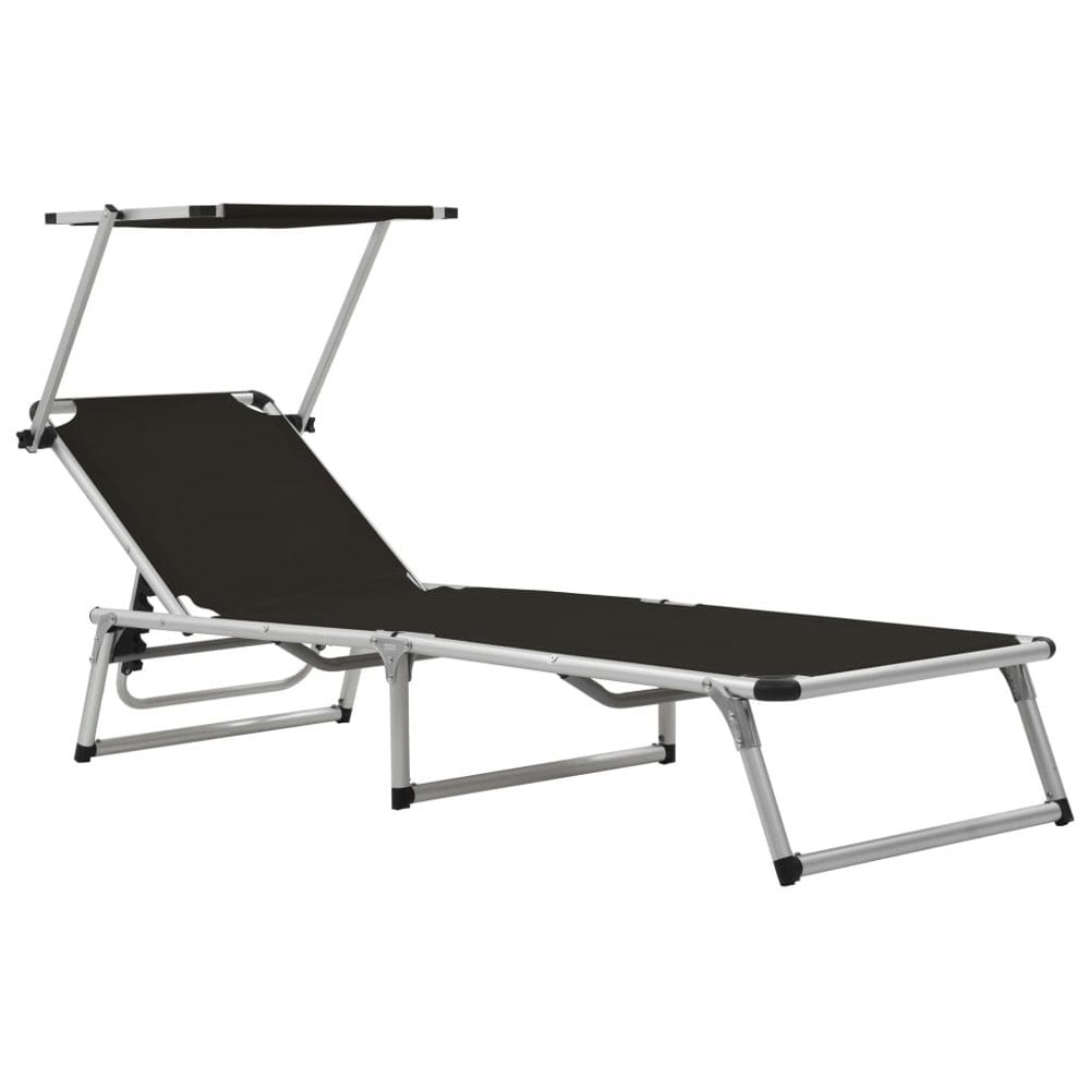 Berkfield Folding Sun Lounger with Roof Aluminium and Textilene Black
