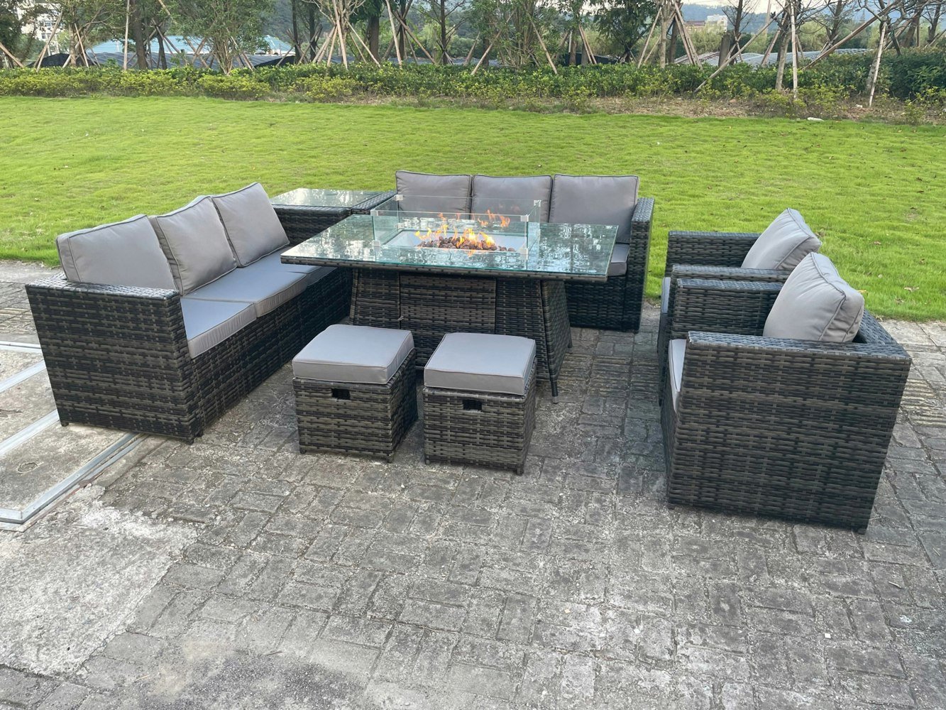 Fimous Rattan Garden Furniture Set with Gas Fire Pit Dining Table, 2 Sofas, 2 Chairs, 2 Small Footstools & Side Table - 10 Seater - Dark Grey
