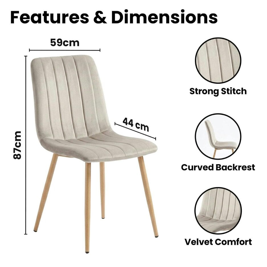 Kosy Koala Set of 4 Beige Velvet Dining Chairs with Soft Curved Backrests & Metal Legs, 59x44x83cm