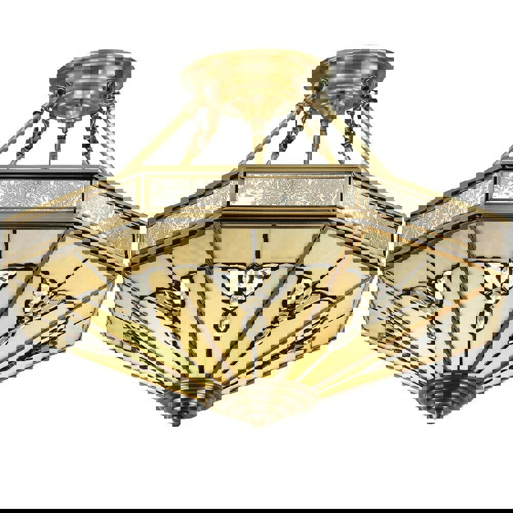 Luxury Semi Flush Ceiling Light Antique Brass & Tiffany Stained Glass Pattern Loops