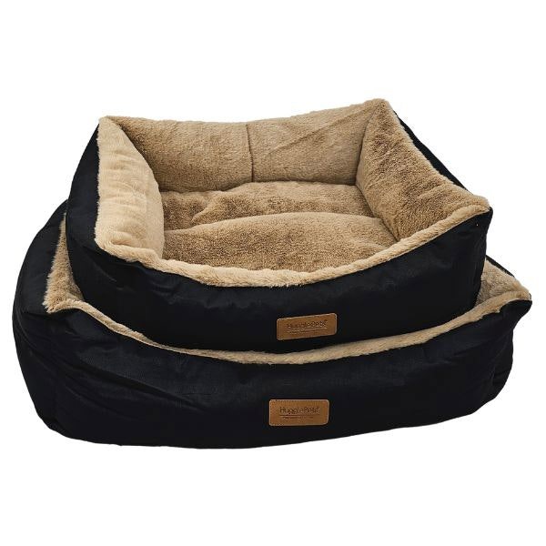 HugglePets Luxury Plush Dog Lounger - Black & Oatmeal