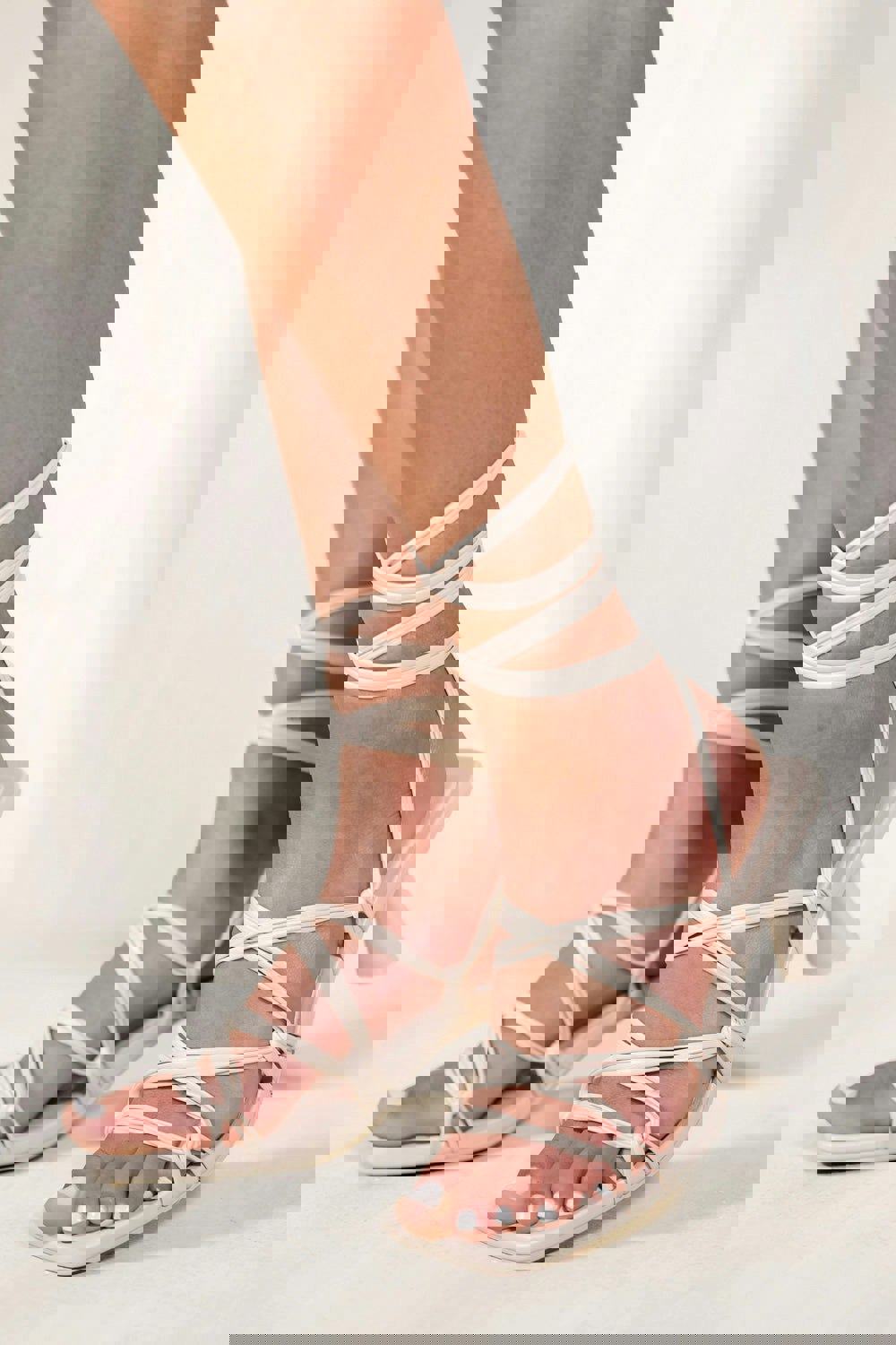 Where's That From Shay Square Toe Strappy Heel With Lace Up Detail in Ivory Cream Faux Leather