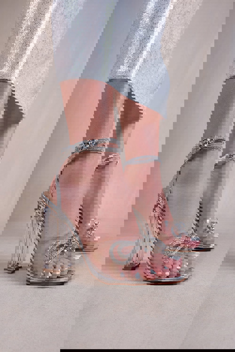 Where's That From Vaughin Perspex Block Heels With Diamante Bow & Ankle Tie in Moon Silver