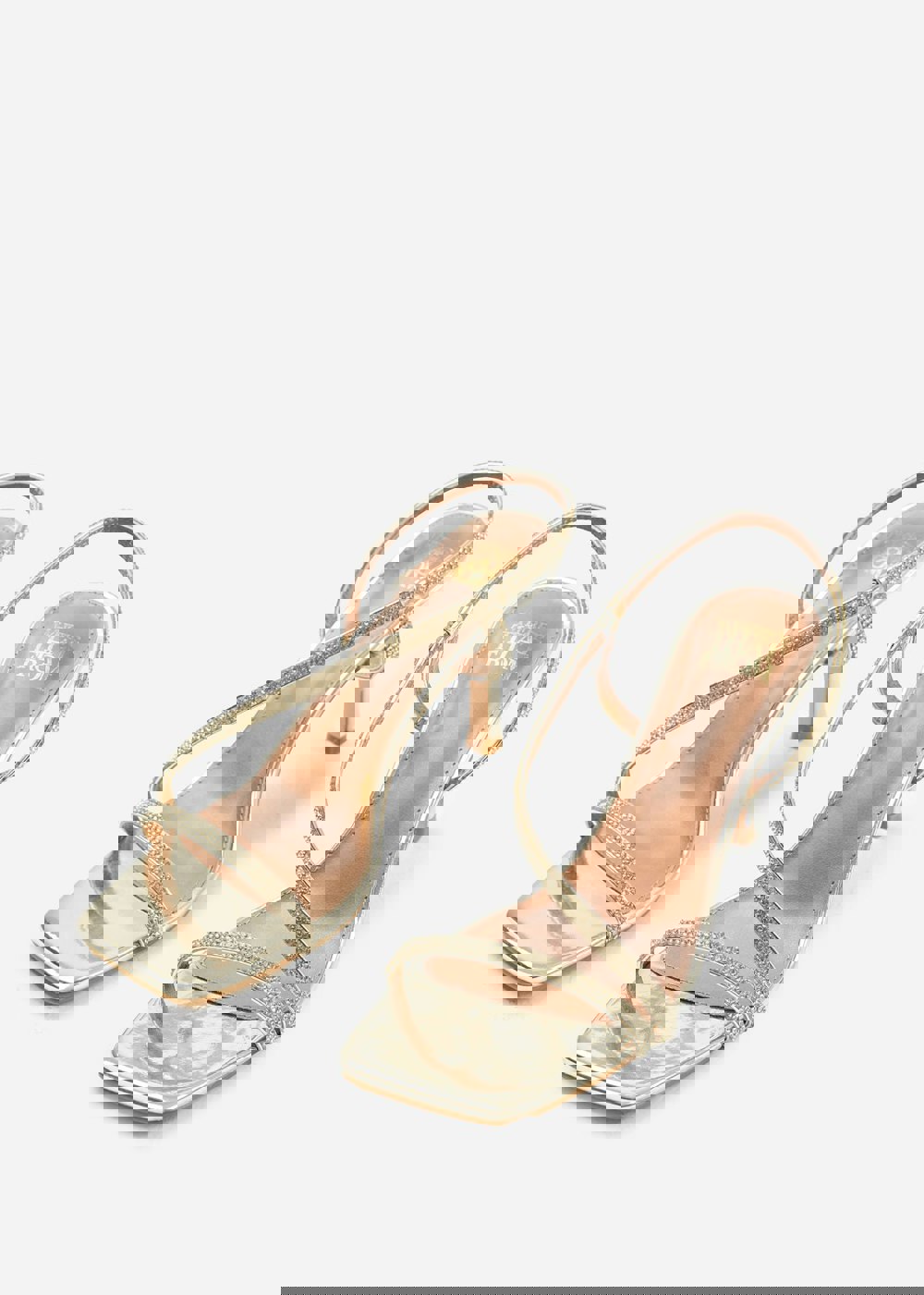 Where's That From Ivy Crystal Cross Foot Strap Mid Heels in Gold Metallic