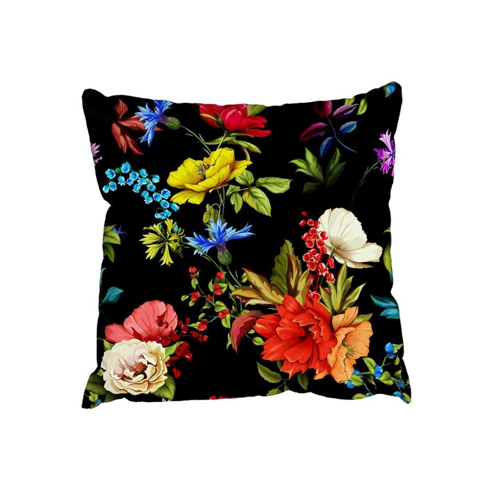 Benjamin Tate Design Poppy, wild roses, cornflower with leaves on black (Outdoor Cushion)