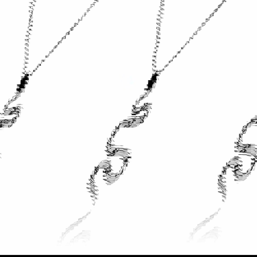 Art Deco Style Pear Black Spinel & Marcasite Snake Necklace in 925 Sterling Silver - Gemondo