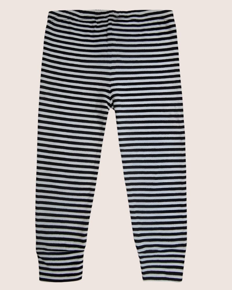 Humbug Stripe Legging made from GOTS certified organic cotton features black and white stripes, shown against a simple backdrop.