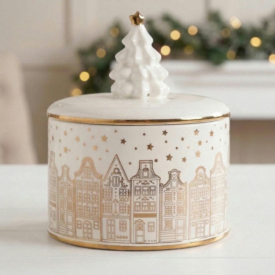 Garden Greatness Dolomite Container with Village Design Christmas Tree Handle