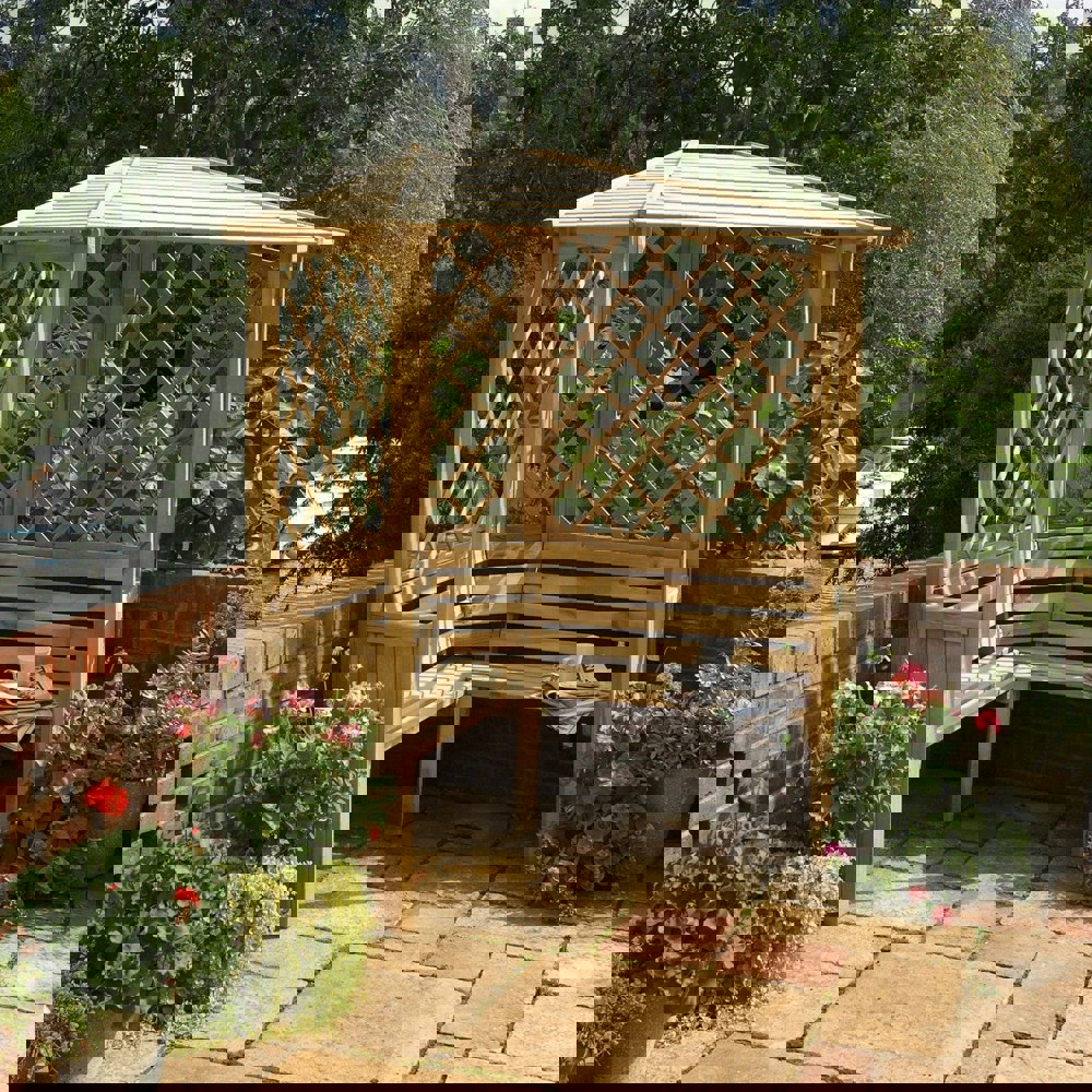 Corner Garden Arbour with Slanted Roof and side trellis, Tanalised Timber