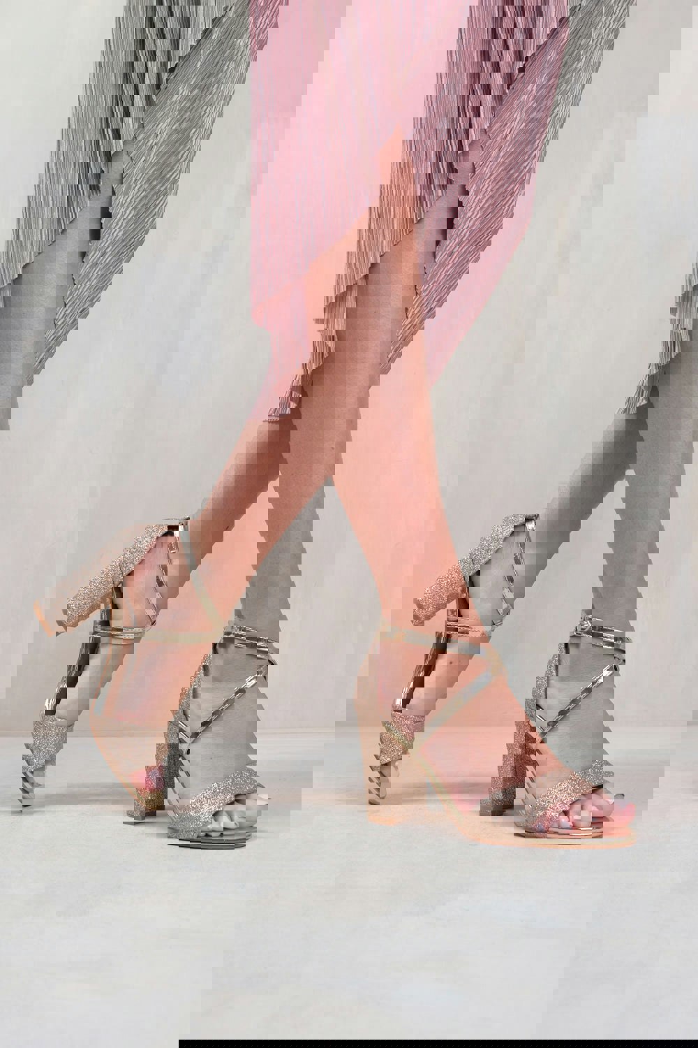 Where's That From Ruth Wide Fit High Block Heel Sandals With Cross Over Ankle Strap In Gold Glitter