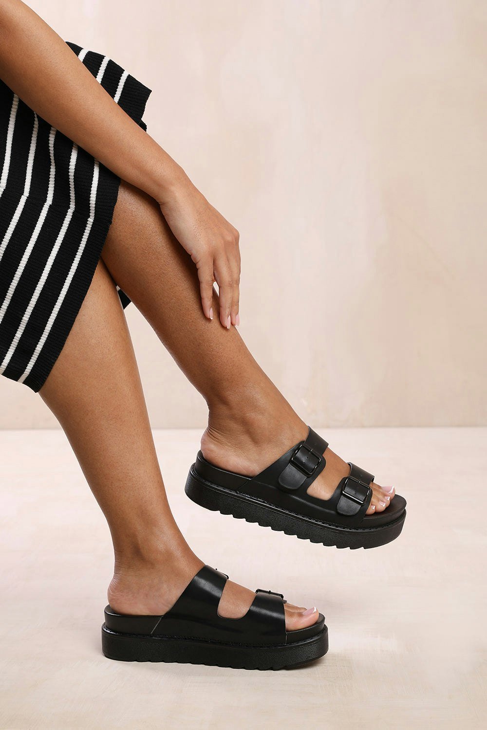 Where's That From Ashley Double Strap Sandals With Buckle Detail in Black Faux Leather