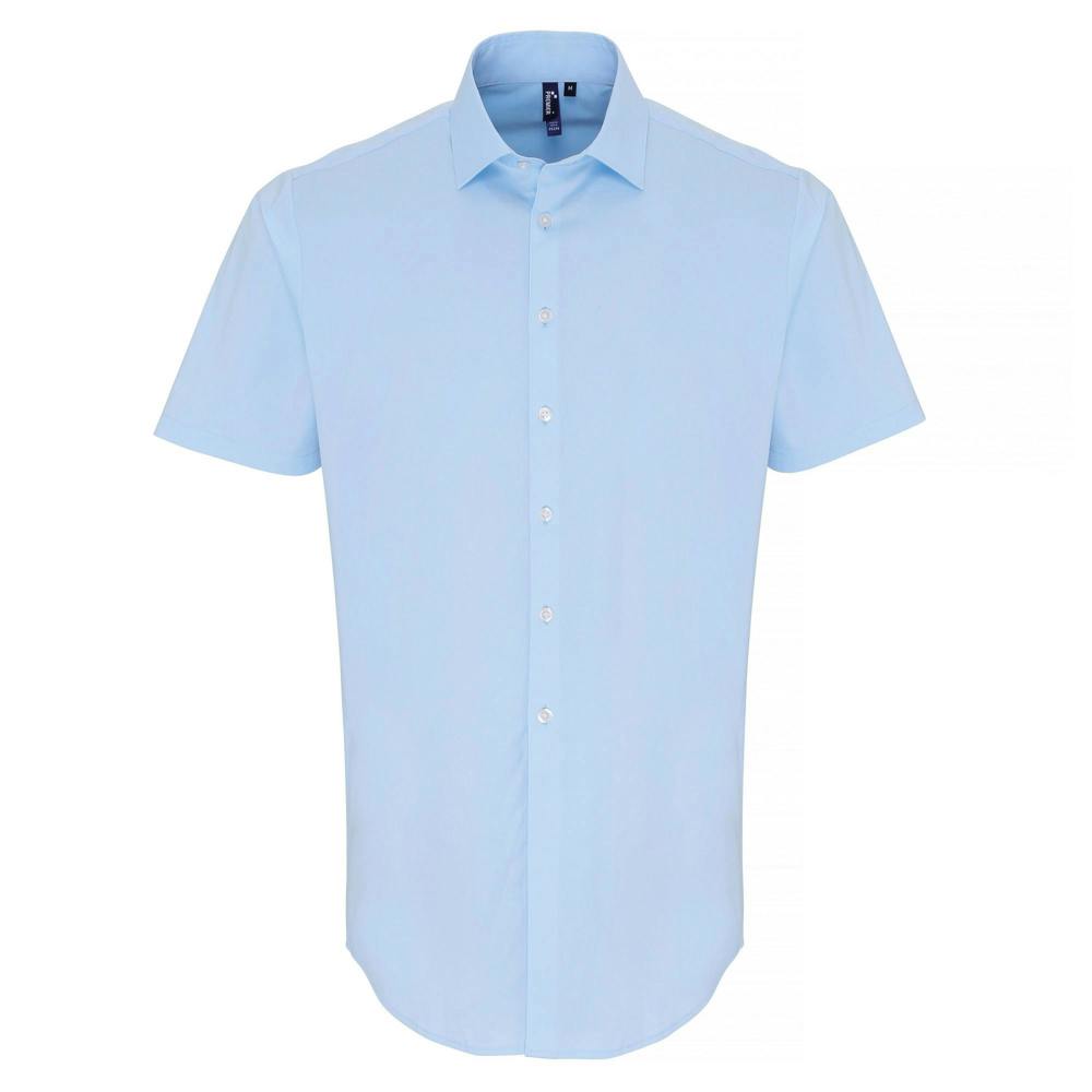 Premier Mens Stretch Fit Poplin Short Sleeve Shirt - Pale Blue - Pale Blue - 97% Cotton/3% Elastane