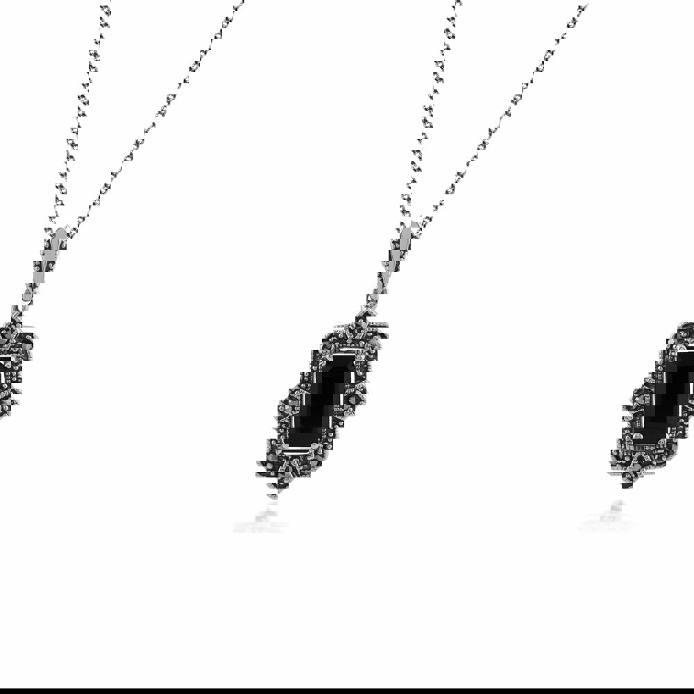 Art Deco Style Black Spinel & Marcasite Pendant in Silver - Gemondo