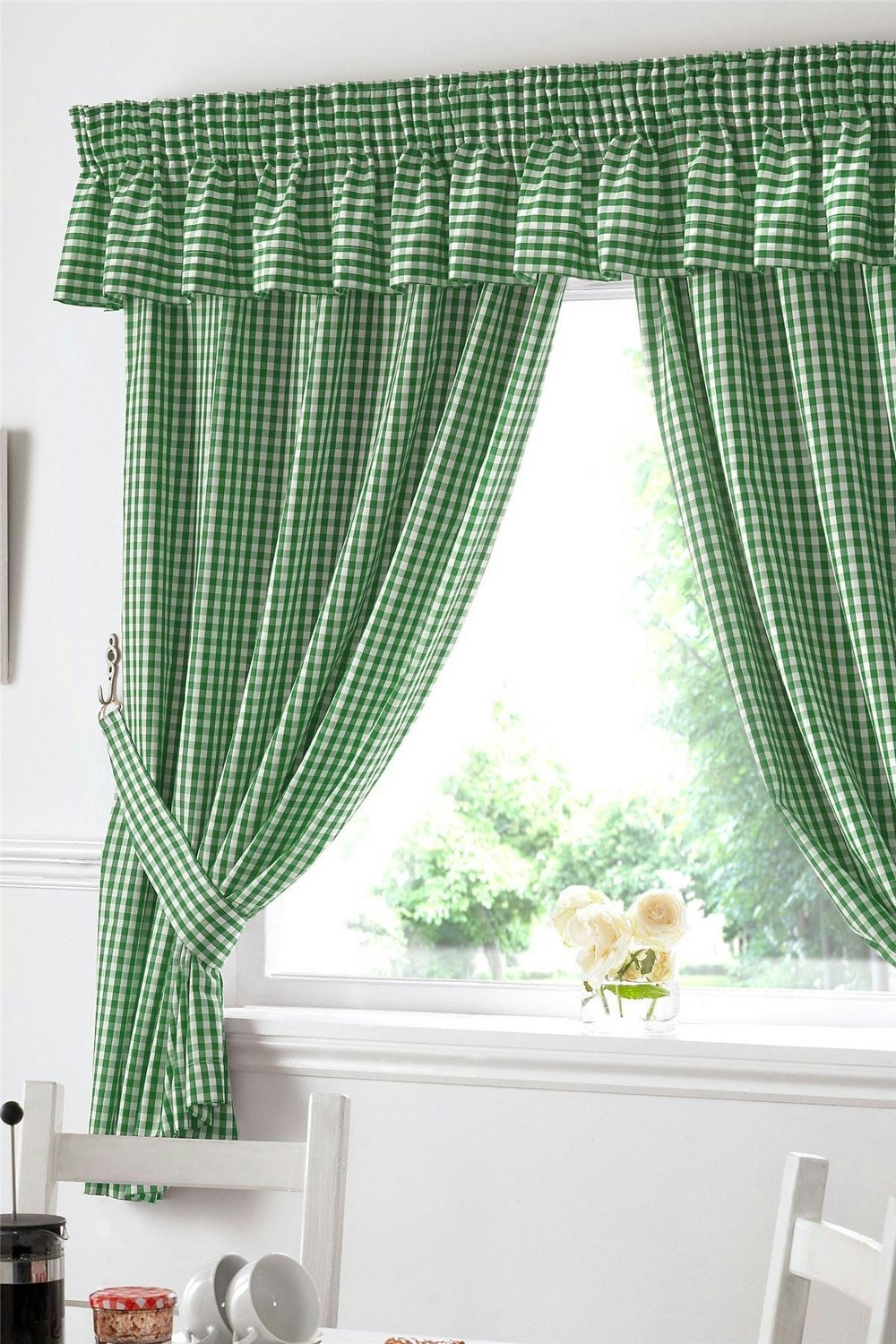 Alan Symonds Gingham Green Checkered Taped Curtains With Tie Backs