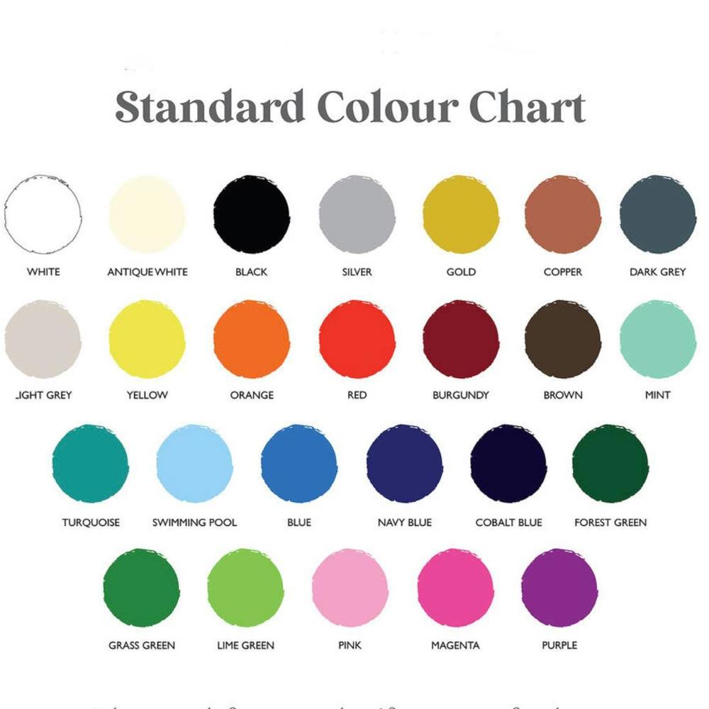 Colour chart showing 23 vinyl options for the snowflake Christmas tree wall sticker, including gold, silver, and forest green.
