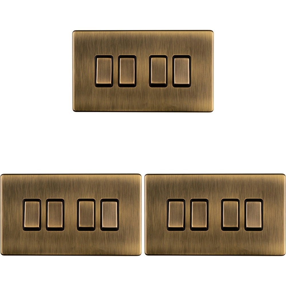 3 PACK 4 Gang Quad Light Switch SCREWLESS ANTIQUE BRASS 2 Way 10A Slim Rocker 