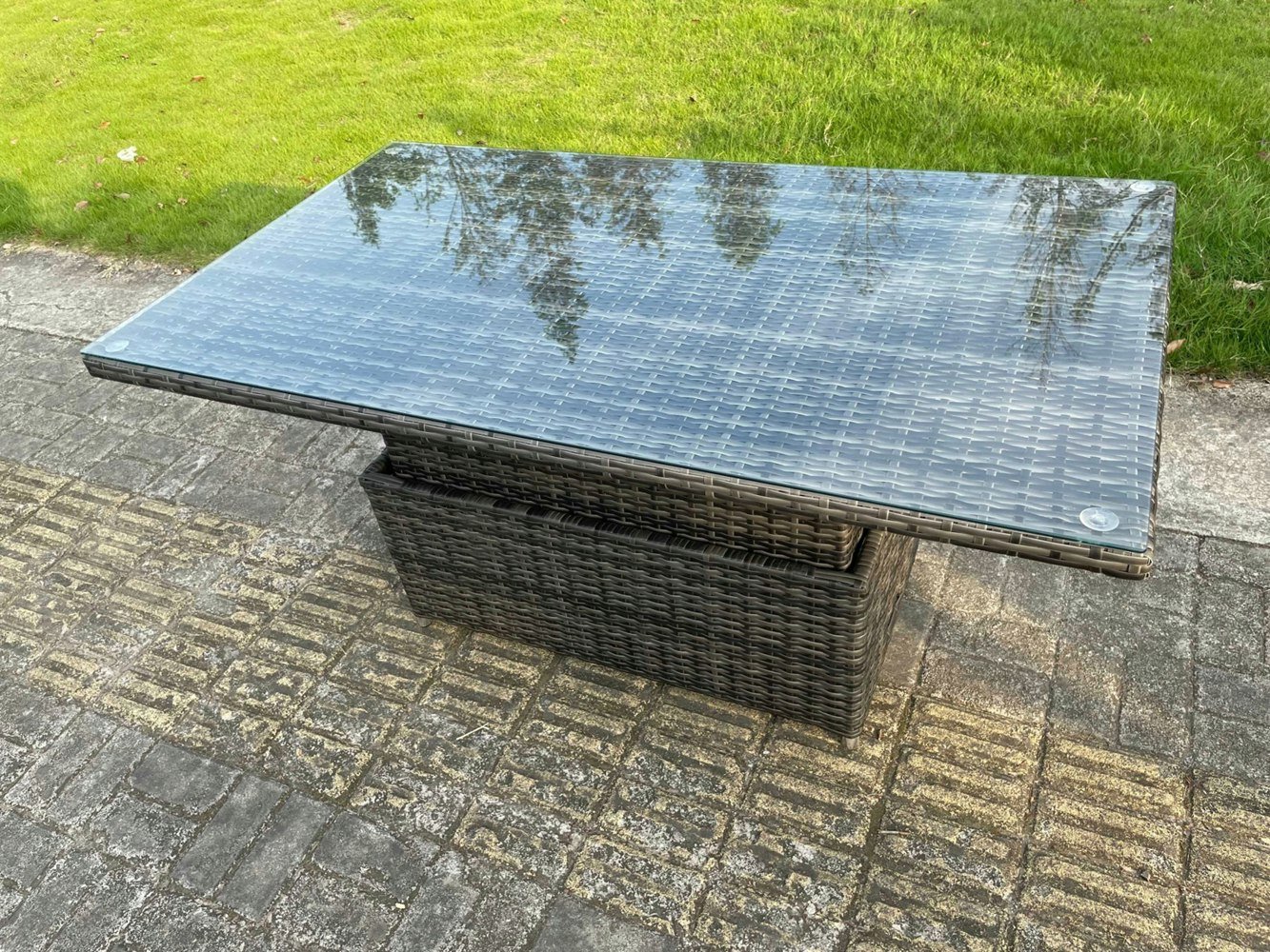Fimous PE Wicker Rattan Garden Furniture Rising Adjustable Lifting Dining or Coffee Table In Dark Grey Mixed