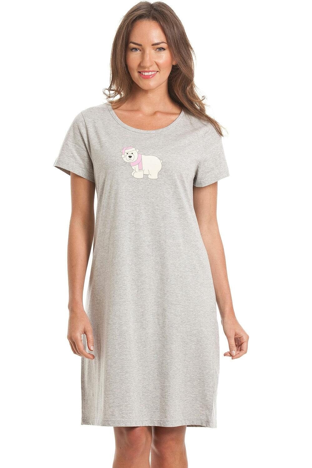 Camille Womens Soft Cotton Summer Nightdresses - grey polar bear