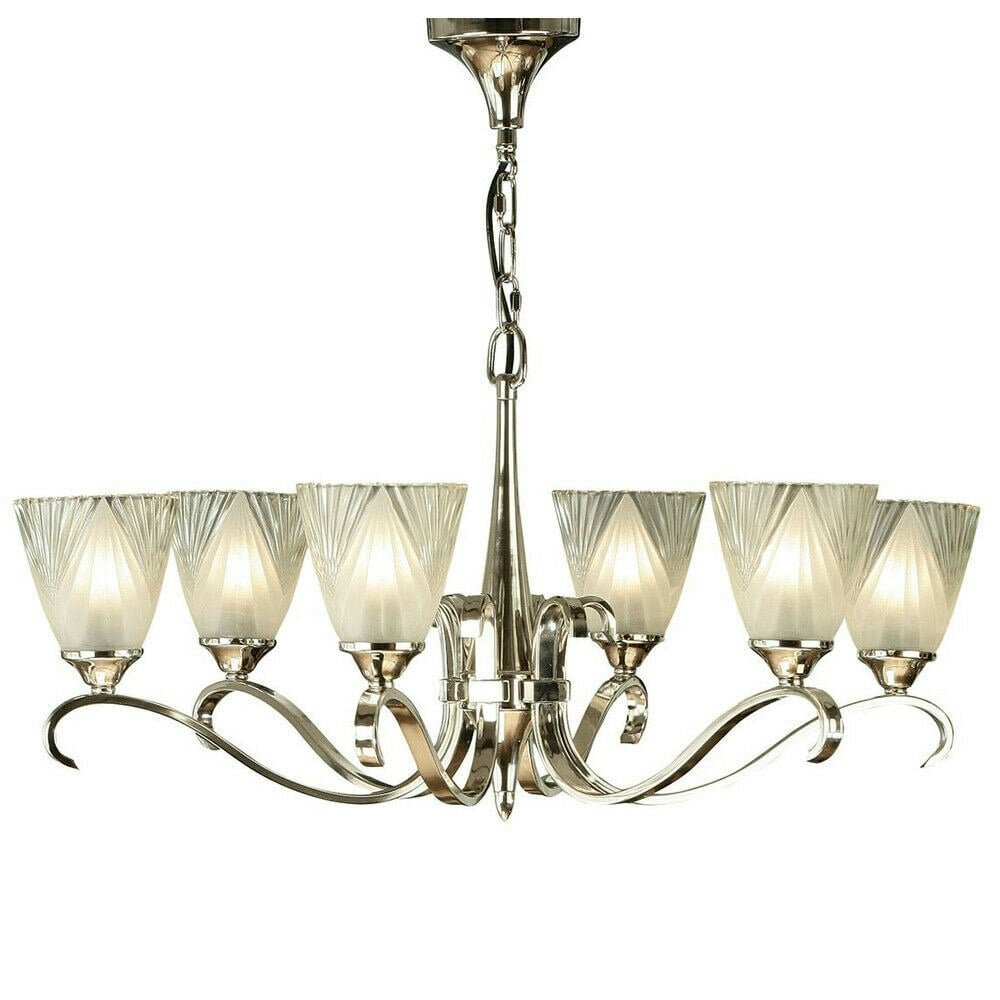 Luxury Hanging Ceiling Pendant Light Bright Nickel Deco Glass 6 Lamp Chandelier Loops