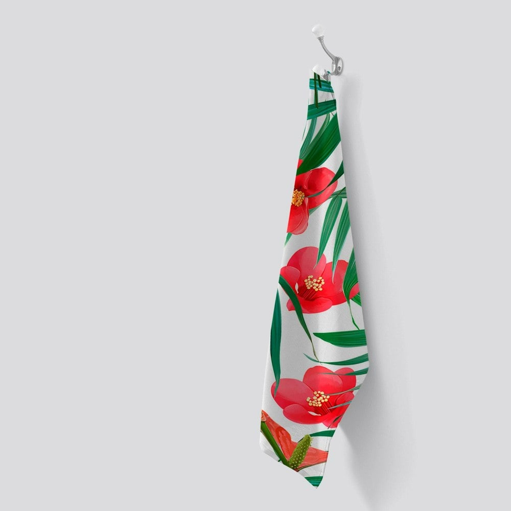 Warren Reed Tropical Flowers And Palm Leaves Hawaiian Tea Towel