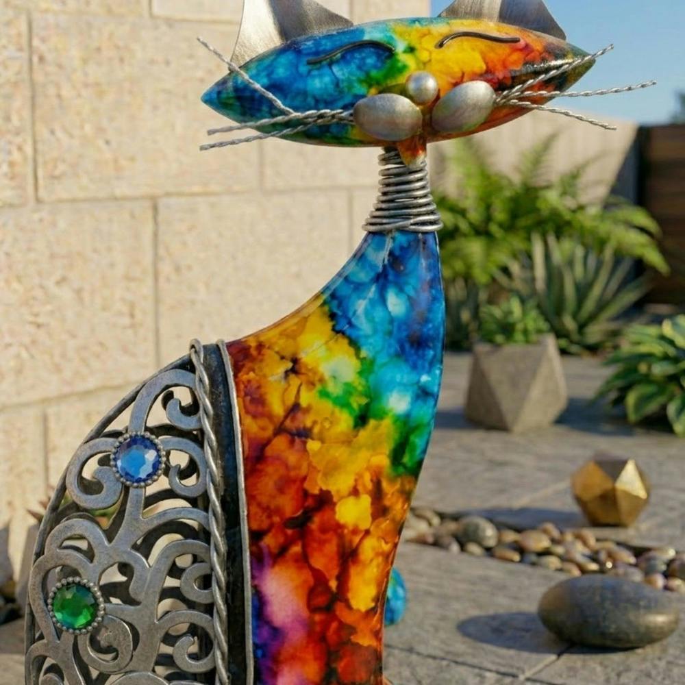 Garden Greatness Abstract Painted Cat Garden Statue