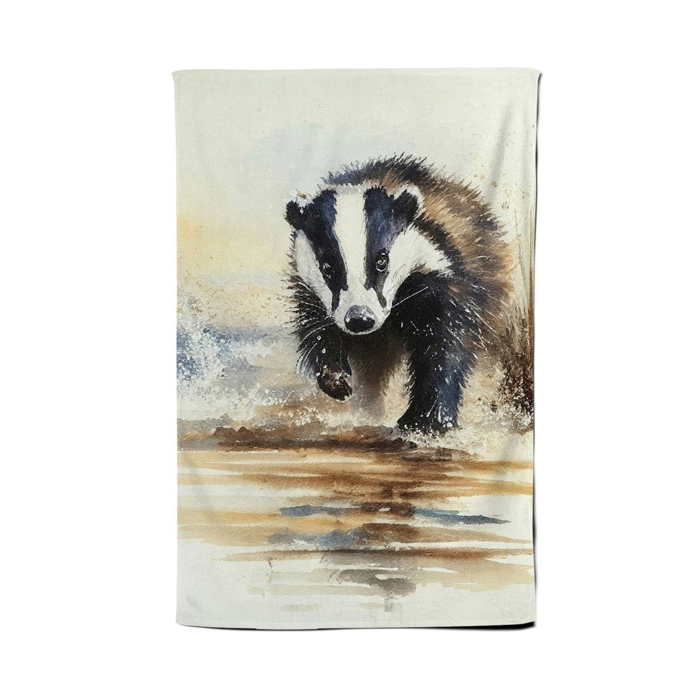 Warren Reed Wading Badger Watercolour Tea Towel