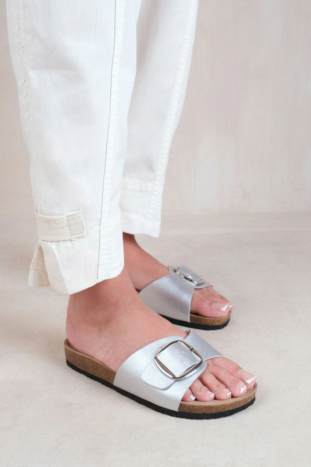 Where's That From Sequoia Flat Single Strap Sandals With Buckle Detail in Silver Matt Faux Leather