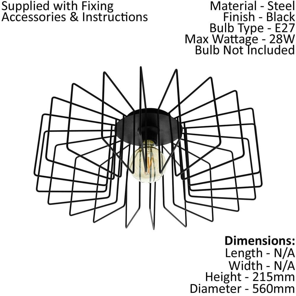 Flush Ceiling Light Colour Black Open Wire Square Frame Modern Bulb E27 28W Loops
