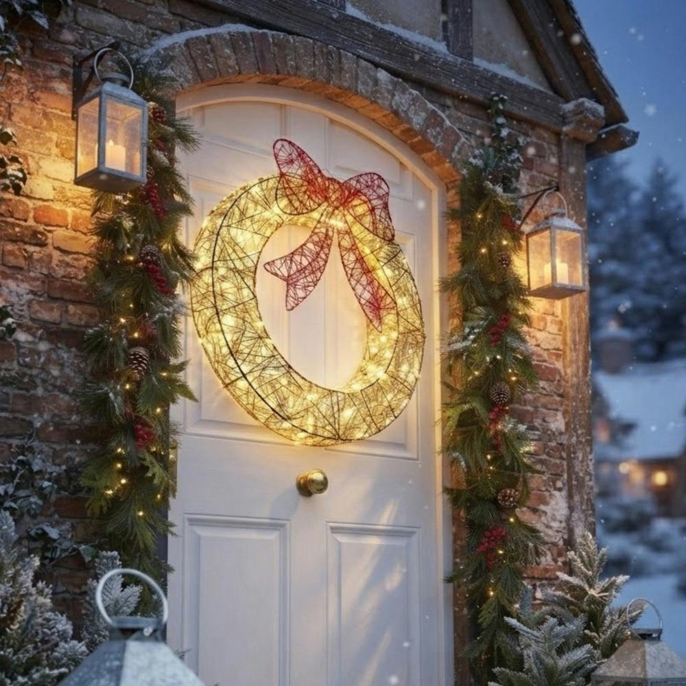 Garden Greatness 70cm Golden Elegance LED Twist Red Bow Wreath