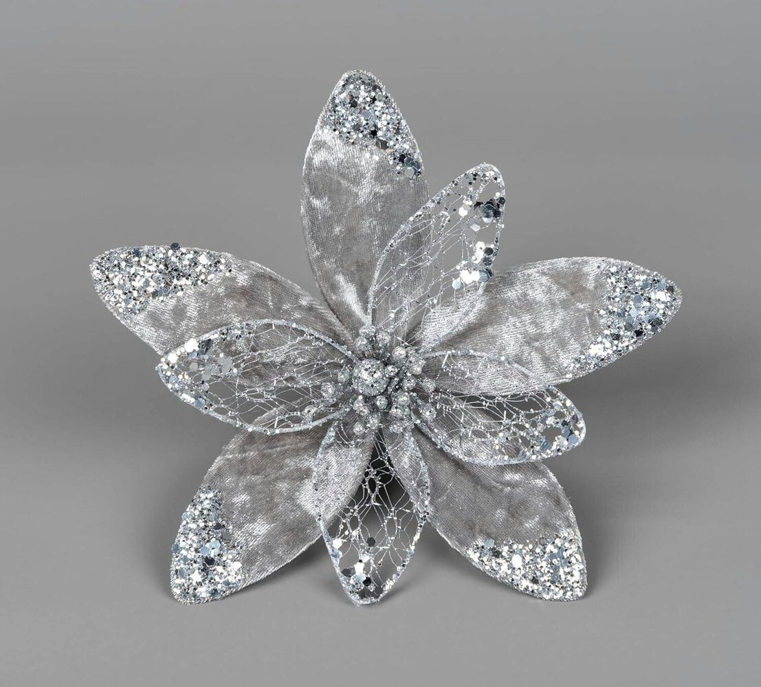Shatchi 2cm Silver Poinsettia Flower Christmas Tree Decorations, 6 Piece Clip-On Set with Glitter Finish - 20 cm - Metal - Silver