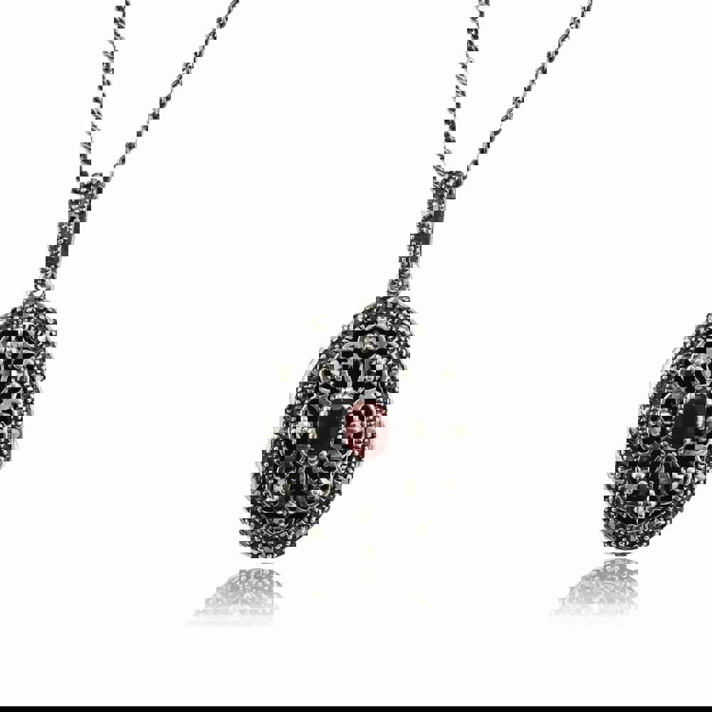 Victorian Style Oval Cornelian & Marcasite Locket on Chain in Sterling Silver - Gemondo